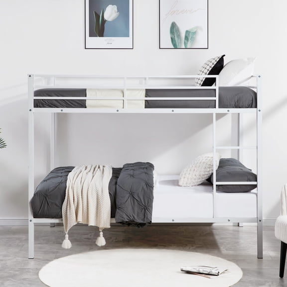 Full Over Full Bunk Bed, Heavy Duty Metal Bunk Bed Frame with Built-in Ladder and Safety Guard Rails, Low Profile Platform Bed, No Box Spring Needed for Kids, Small Spaces, White