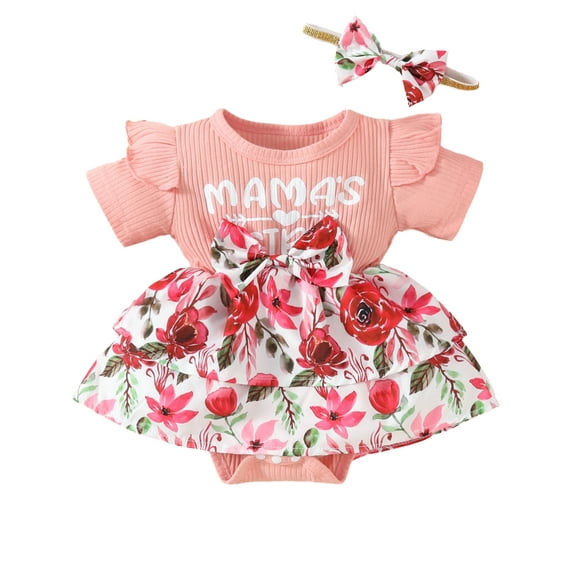 ENFLASH Newborn Baby Girls Summer Mama's Girl Romper Dress Infant Bowknot Floral Print Skirt Hem Ribbed Jumpsuit Headband