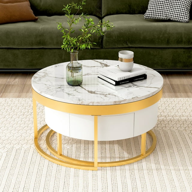 Noble House Table Basse Ronde Gigogne de 31,5 Po avec Tiroirs, Blanc