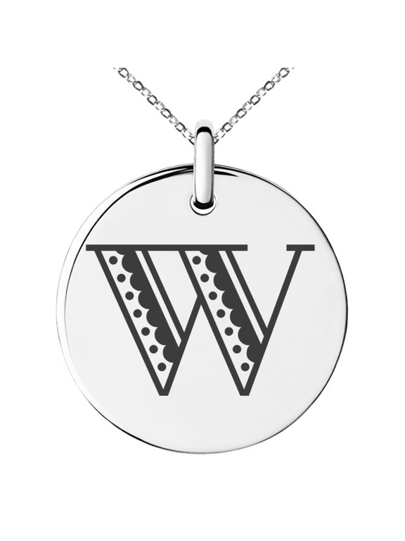 Stainless Steel Letter W Initial Metro Retro Monogram Engraved Small Medallion Circle Charm Pendant Necklace