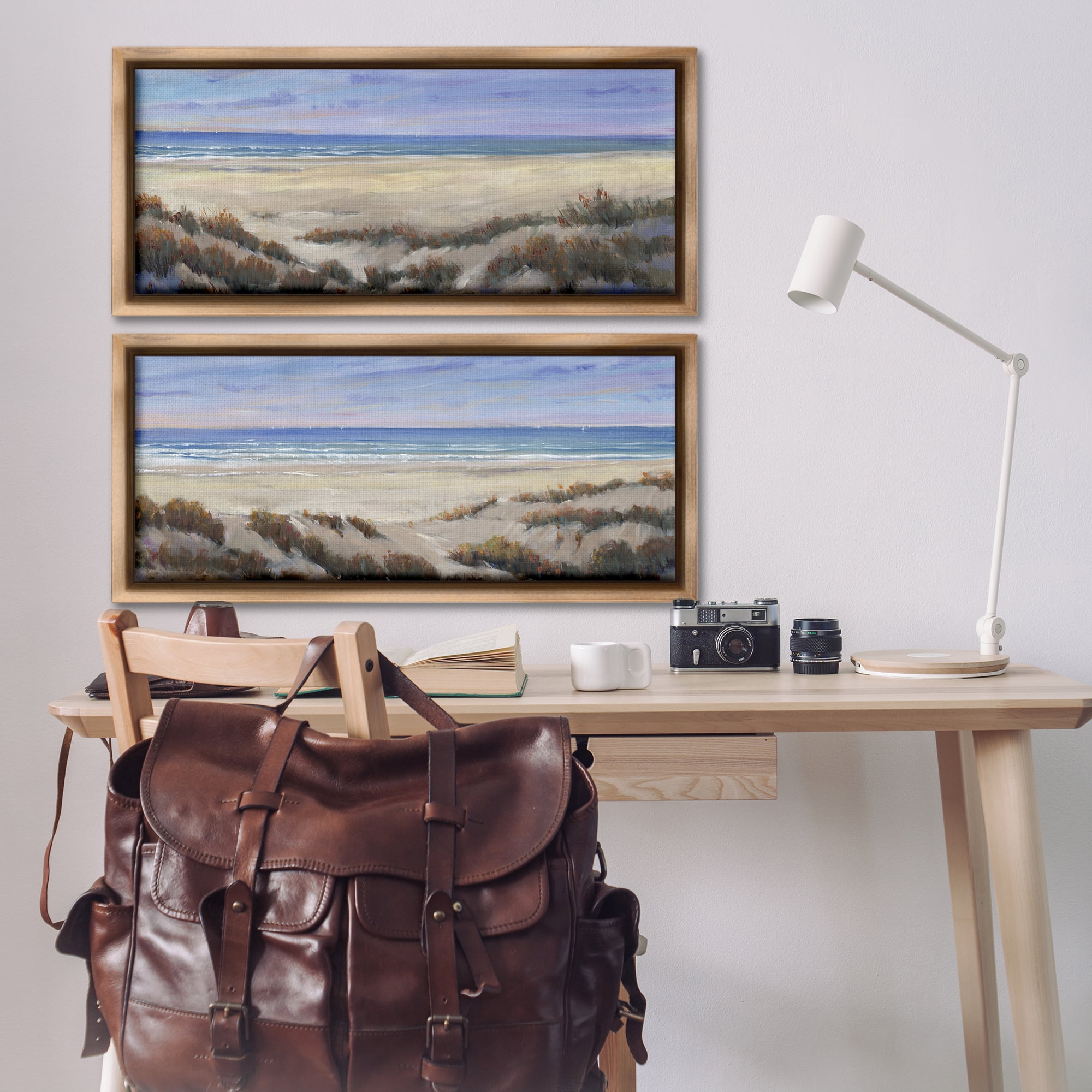 Stupell Industries Coastal Beach Terrain Landscape & Nature Painting Brown Floater Framed Canvas Art Print Wall Art, 31 x 14, Set of 2