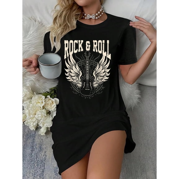 Rock and Roll Lover Gifts Cool Electric Guitar Concert Band T-Shirt Dress Casual Summer Dress Everyday Outfit