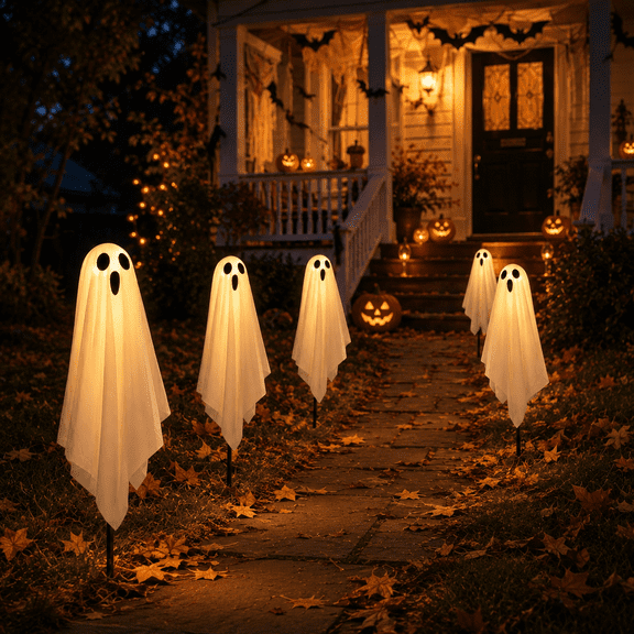 5Pcs Halloween Ghost Path Lights Clearance, Solar LED Ghost Stake Lights, Halloween Yard Decorations for Lawn Walkway Porch Outdoor Party