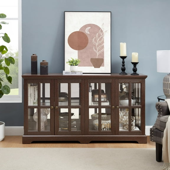 LED Curio Display Cabinet Antique Display Cabinet with Glass Doors Adjustable Shelves for Collectibles Four Door Design Vintage Showcase for Home or Office Antique Display Case CHERRY70623