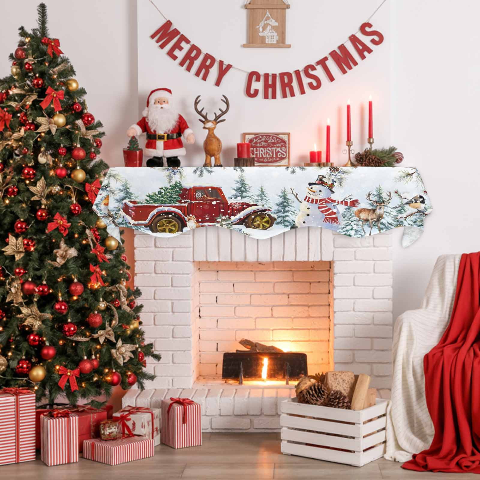 Christmas Fireplace Mantle Scarf Xmas Snowman Truck Pine Tree Leaf Animals Blue Snow Mantel Cover Runner Fireplace Cloth for Holiday Party Home Living Room Decor 70 x 17 Inch