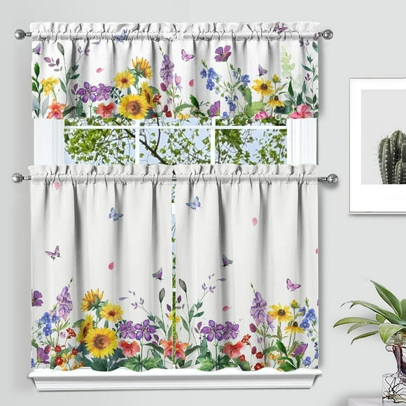 Spring Floral Kitchen Curtain Valance 3 Piece Set, Sunflower Floral Home Interior Decor, Farmhouse Curtains and Valance Set, 36 Inch