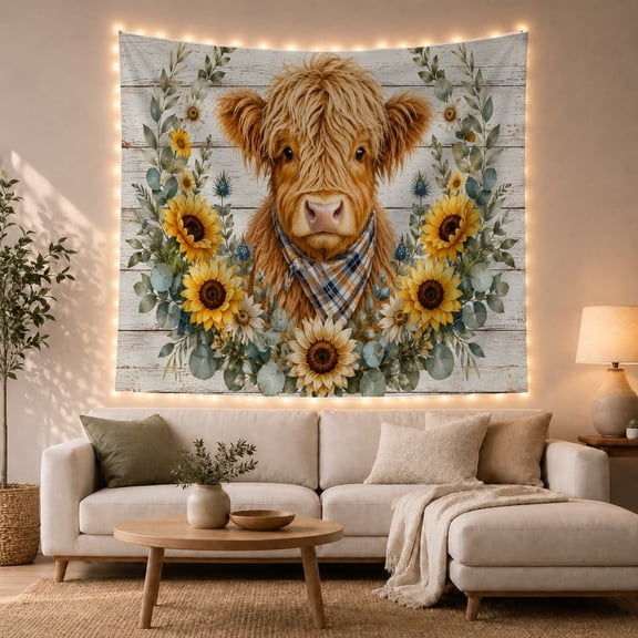 Highland Cow with Sunflowers on Rustic Wooden Planks, Nostalgic Farmhouse for Animal Lovers, Botanical Wall Decor, Housewarming Gift, Tapestry Wall Hanging for Bedroom and Living Room