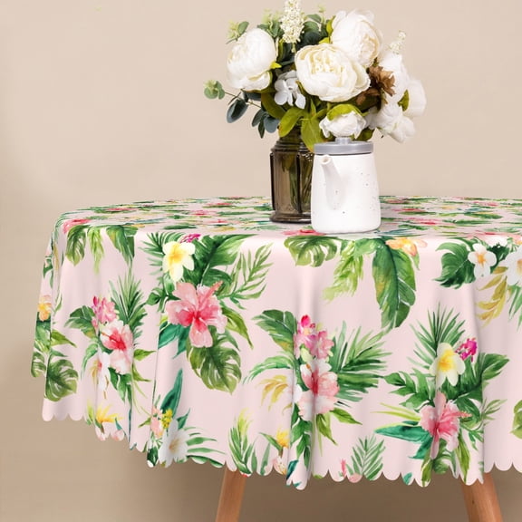 Nanqianyi Tropical Lush Green Leaves Flowers Round Tablecloth 60 inch, Perfect For Summer Holiday Party Picnic Washable Table Cover