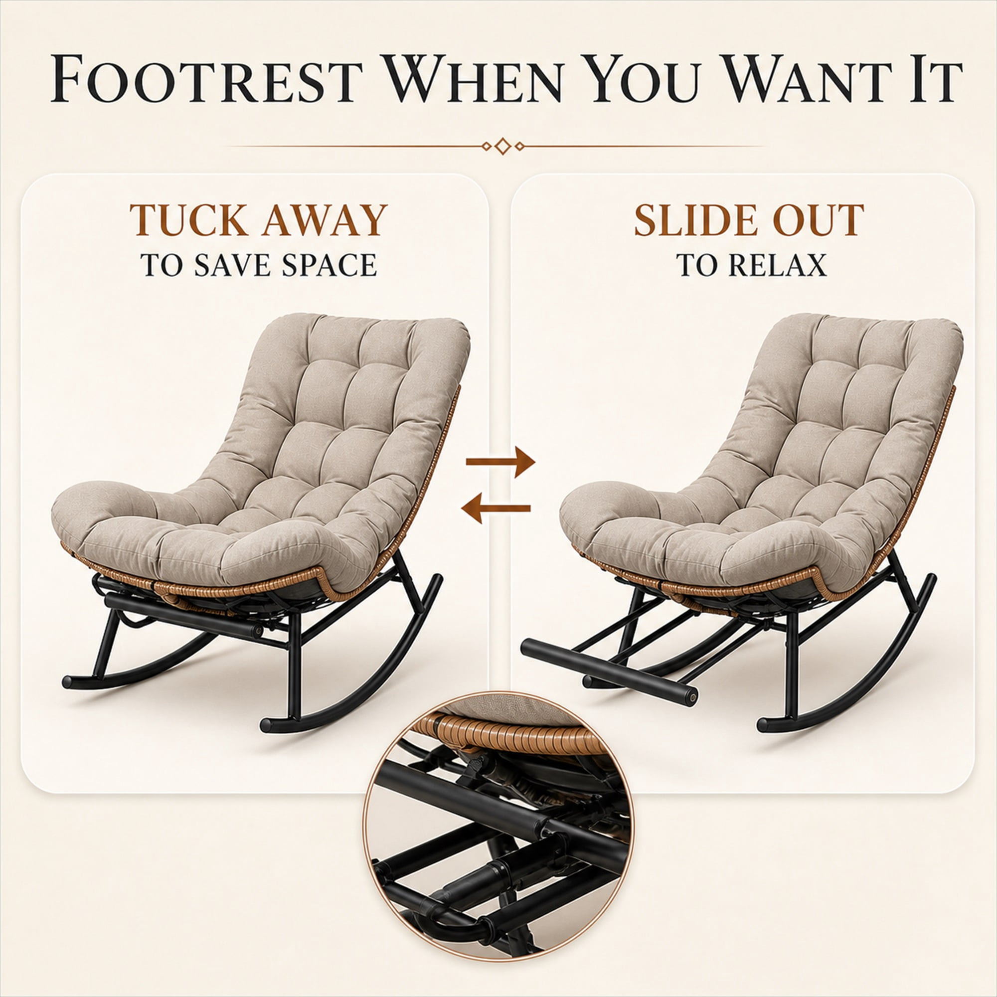 CLOUDREST PRO Outdoor Papasan Rocking Chair with Retractable Footrest, Oversized Wicker Patio Lounge Rocker with Thick Cushion and Steel Frame, 450 lb Capacity, Indoor Outdoor, Brown