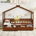 thumbnail image 2 of Bellemave Twin Size House Bed with Storage Drawers Playhouse Platform Bed Wooden House-shaped Bed Frame with Fence Guardrail (Twin size, Walnut Brown), 2 of 12