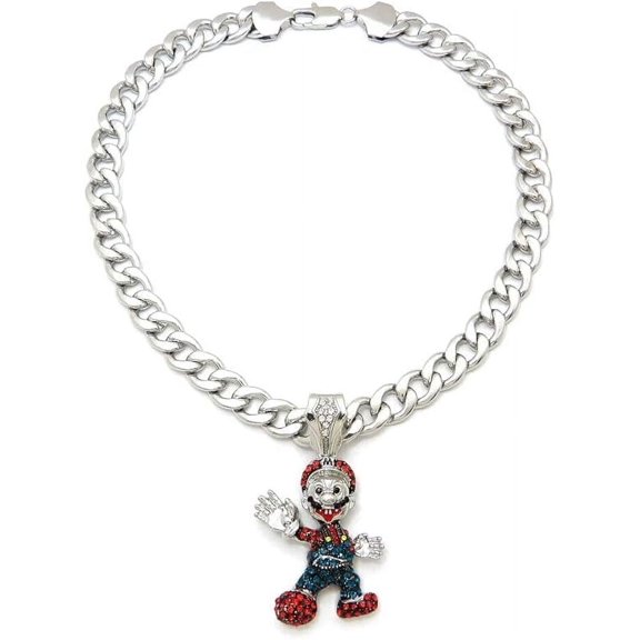 Hip Hop Iced Jewelry Silver Plated Cubic Zirconia Mario Charm Cubic Zirconia Pendant & 10mm 18" Cuban Chain Necklace Set Fashion Gift