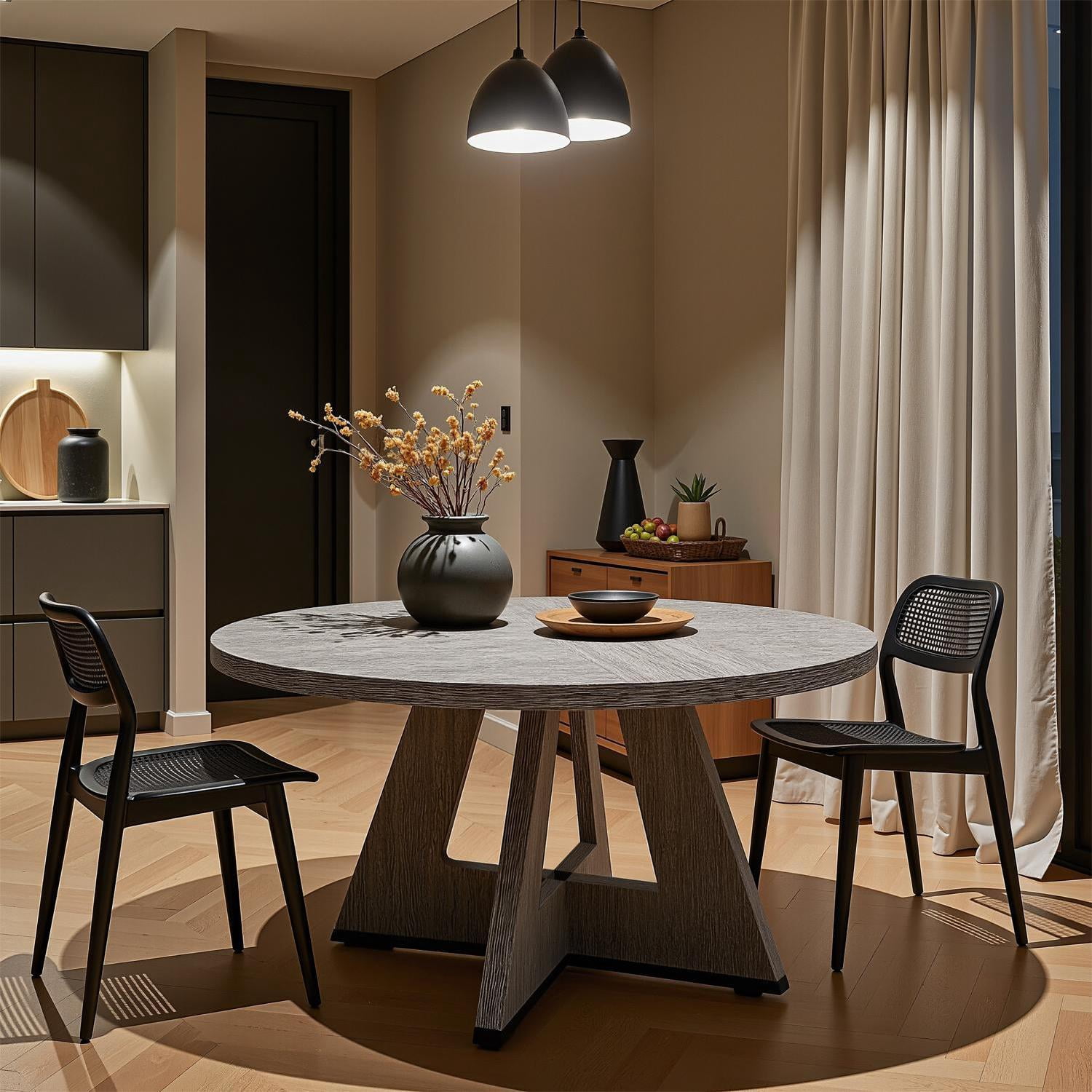Fnova 47" Coffee Table, Round Dining Table for 4 People, Modern Farmhouse Wooden Kitchen Table, Living Room, Gray (Chairs Not Included)