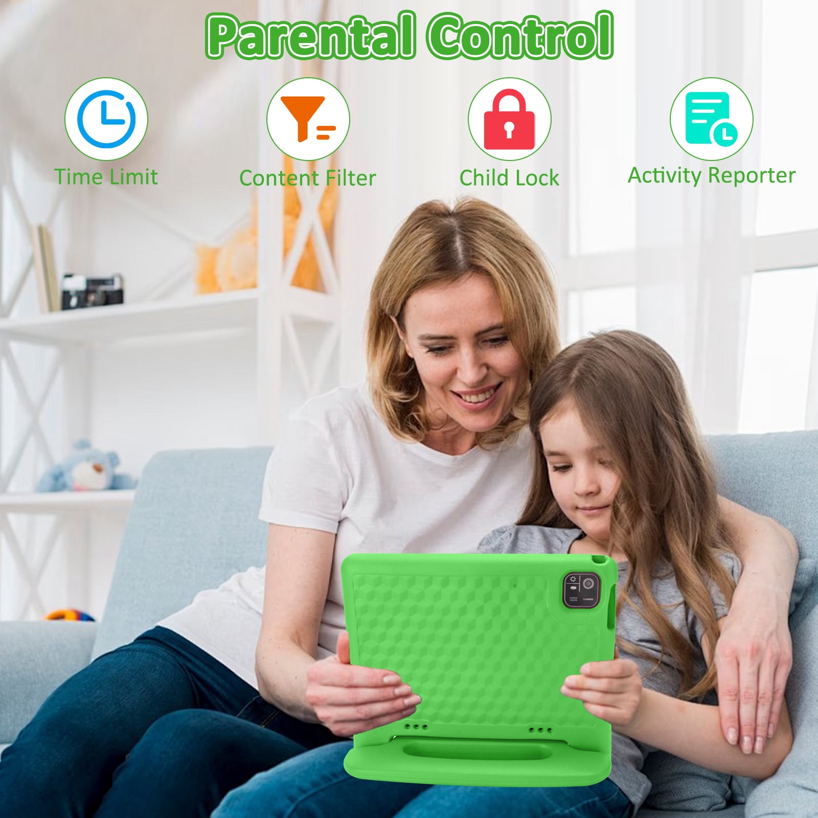 Kids Tablet, 10.1 inch Tablet for Kids IPS HD Screen RAM 8GB 64GB Storage, J10 Pro Toddler Tablet with Protective case - Green