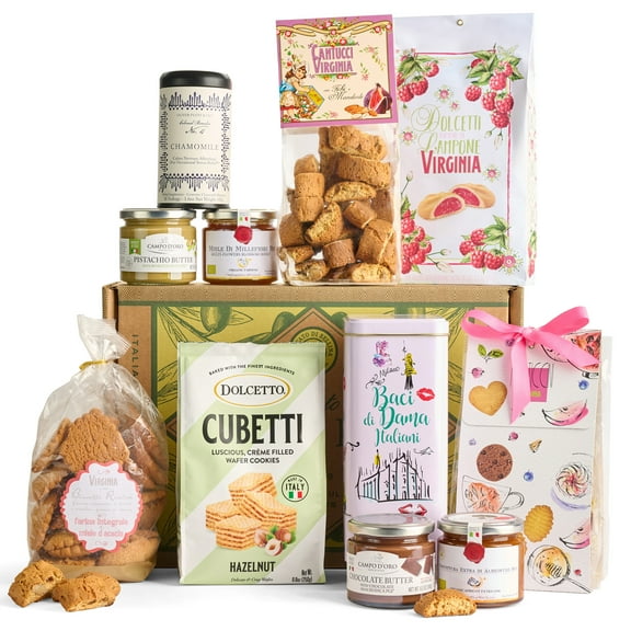 Mercato di Bellina Sweet Celebration Italian Cookies Gourmet Gift Basket - Filled with Tea, Honey, Spreads, Jams, & Italian Cookies from Italy, Ideal Gift Box for Get Well, Holidays, Mother's Day