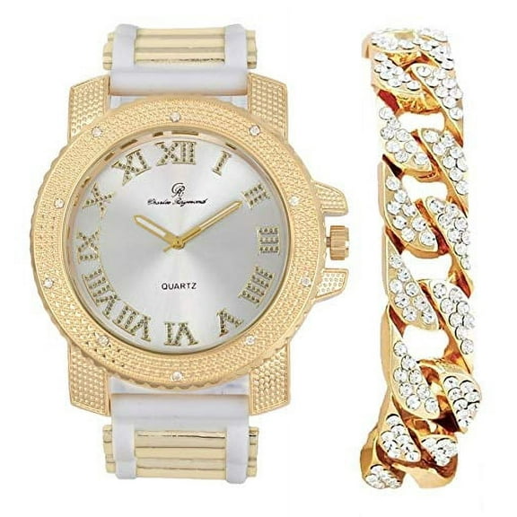 Bling-ed Out Hip Hop Rubber Bullet Band Mens Watch and Iced Cuban Bracelet - RWC2021 (GJM Wht Wht Gold with Cuban)