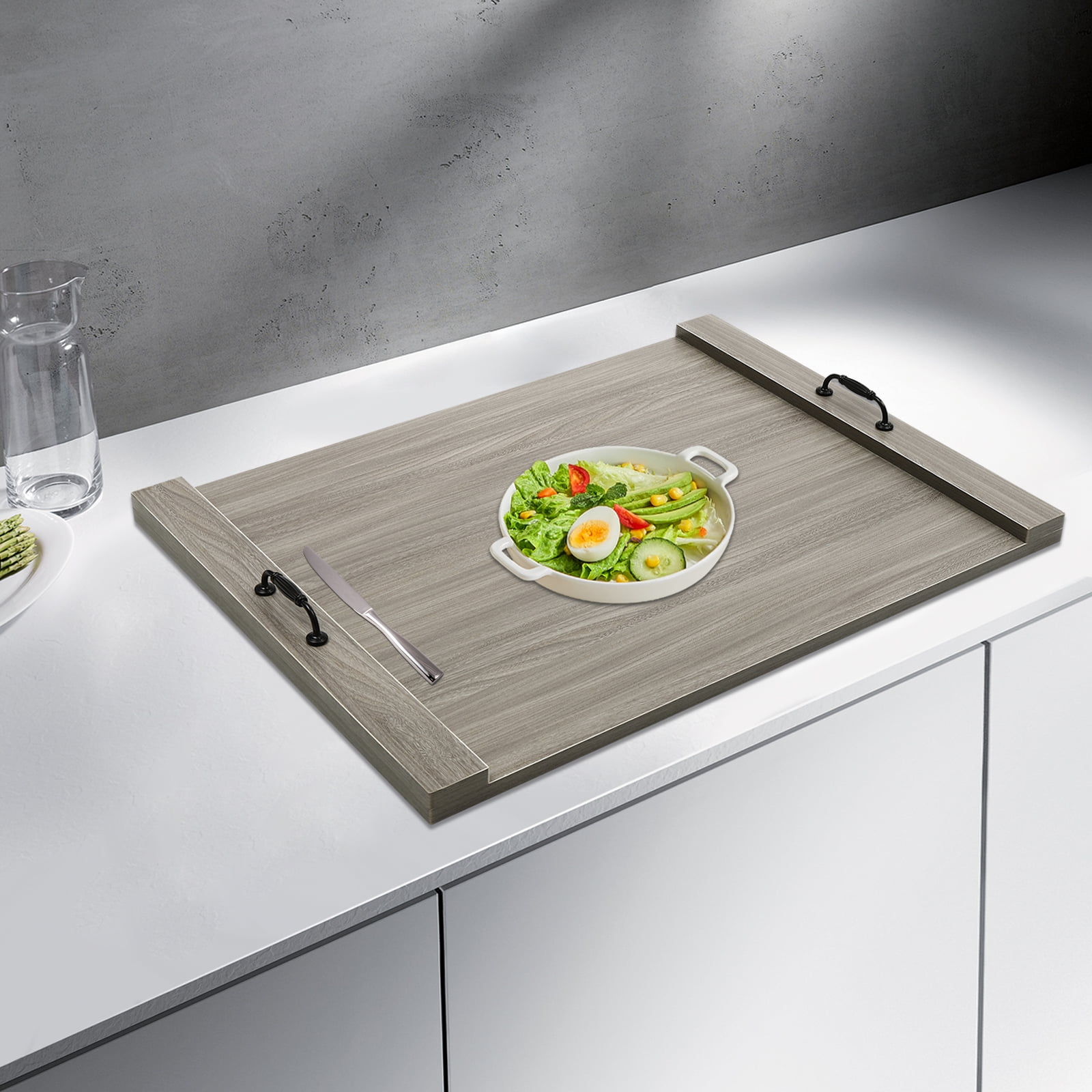 30"L x 22"W Noodle Board Stove Cover, Wood Noodle Board Stove Cover with Handles, Stove Top Cutting Board for Electric Stove and Gas Stove, Large Cutting Board With Handles, Grey