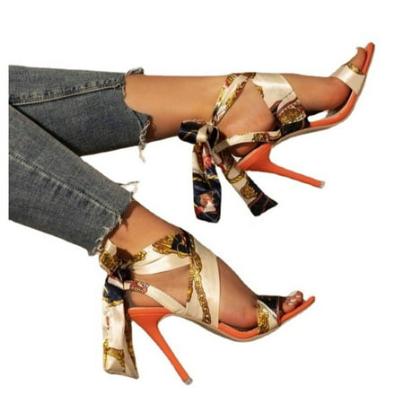 

Sandals Womens High Heels Trendy Summer Round Head Peep Toe Bandage Sandals Shoes