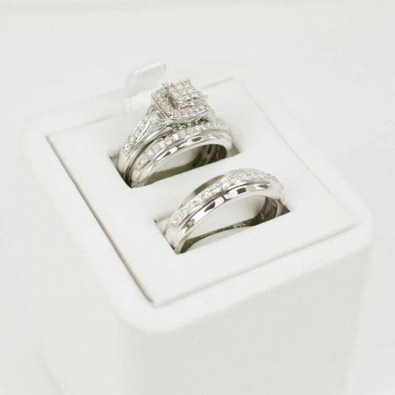 Bluebell Jewels His & Her Round Cut CZ Trio Ring Set 14K White Gold Finish Silver Engagement & Bridal Anniversary Gift