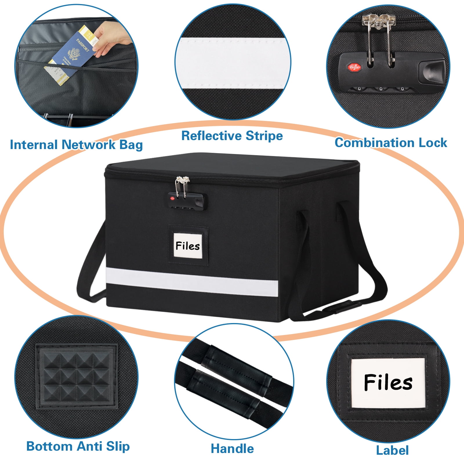 Upgraded File Box with Lock, Document File Organizer Box with Water-Resistant Zipper & Adjustable Handle, Collapsible Filing File Cabinet for Hanging Letter/Legal Folder (Black)