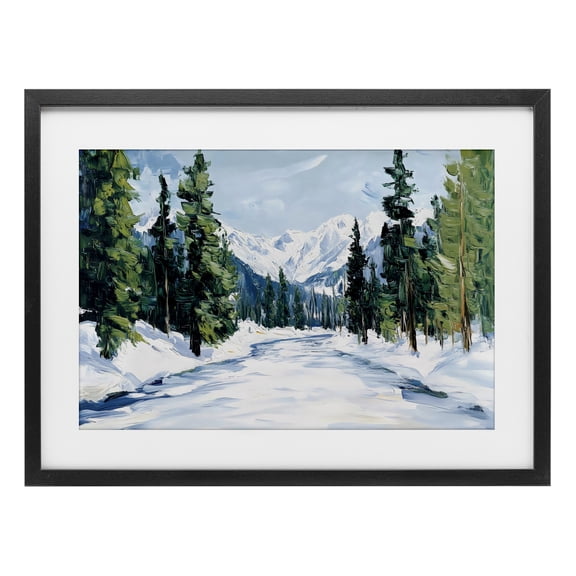 Snowy Tall Tree Pass Black Framed Print Under Glass, design by Petal Prints Design