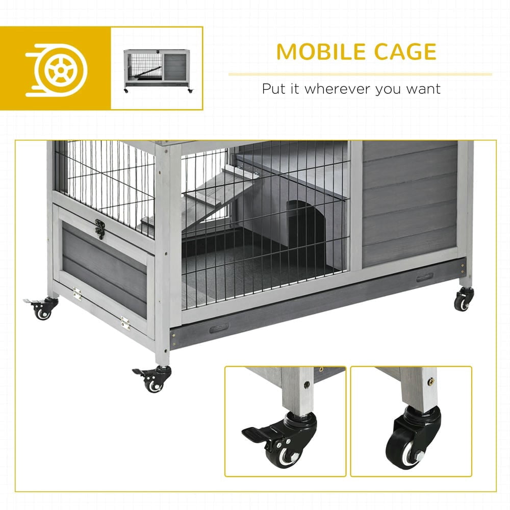 Spaco Indoor Rabbit Enclosure, Wooden Elevated Cage Habitat with Enclosed Run with Wheels for Rabbits and Guinea Pigs, Gray