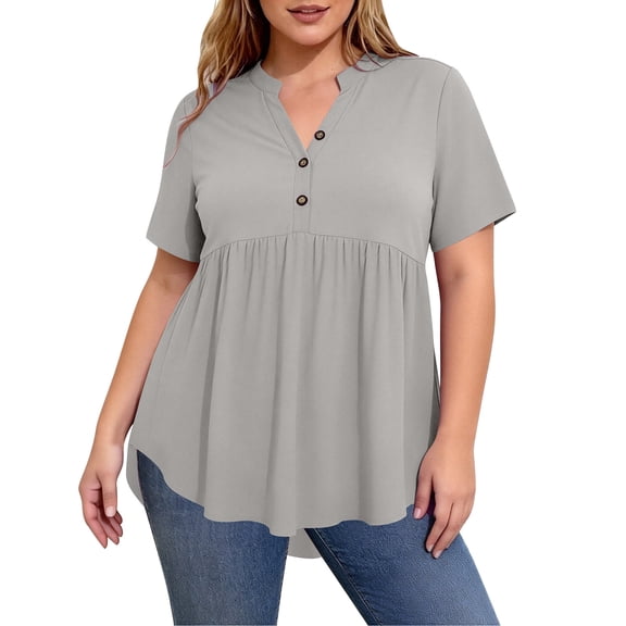 Khunlpohl Plus Size Women's Blouse V Neck Buttons Dressy Tops Pleated Ruffle Hem Flowy Tunic Blouses XL-5XL