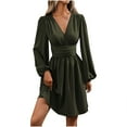 thumbnail image 3 of Ahuyic Womens Summer Casual Dress,Womens Plus Size Dress,Womens V-Neck Solid Color Wool Dress With Lantern Sleeves Long Sleeves Waist Pleated Long Skirt,Army Green,L, 3 of 5