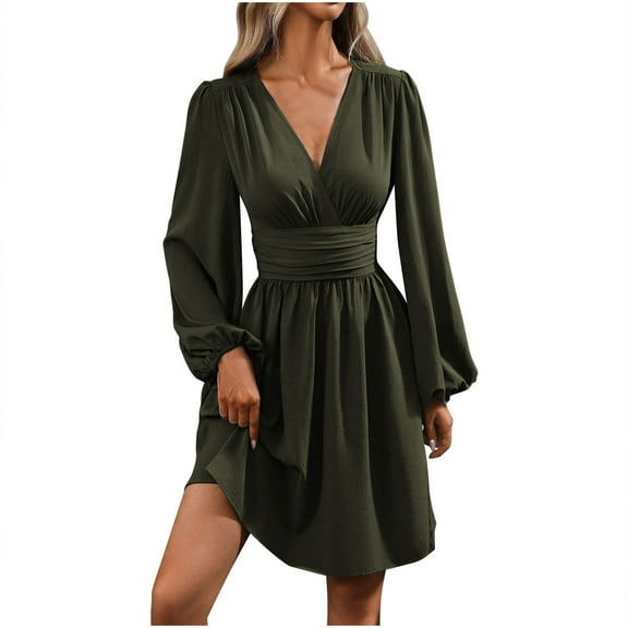 LLYwey Flowy Mini Dresses Women Wrap V-Neck Long Sleeve Ruffle Hem A-line High Waisted Spring Summer Dresses for 2025 Boho Beach Vacation Casual Sundress , I-22, Green-a, XL