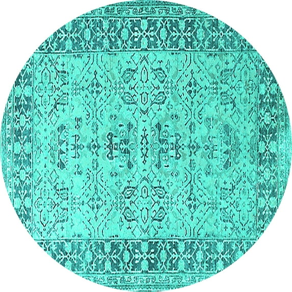 Ahgly Company Machine Washable Indoor Round Oriental Turquoise Blue Industrial Area Rugs, 8' Round
