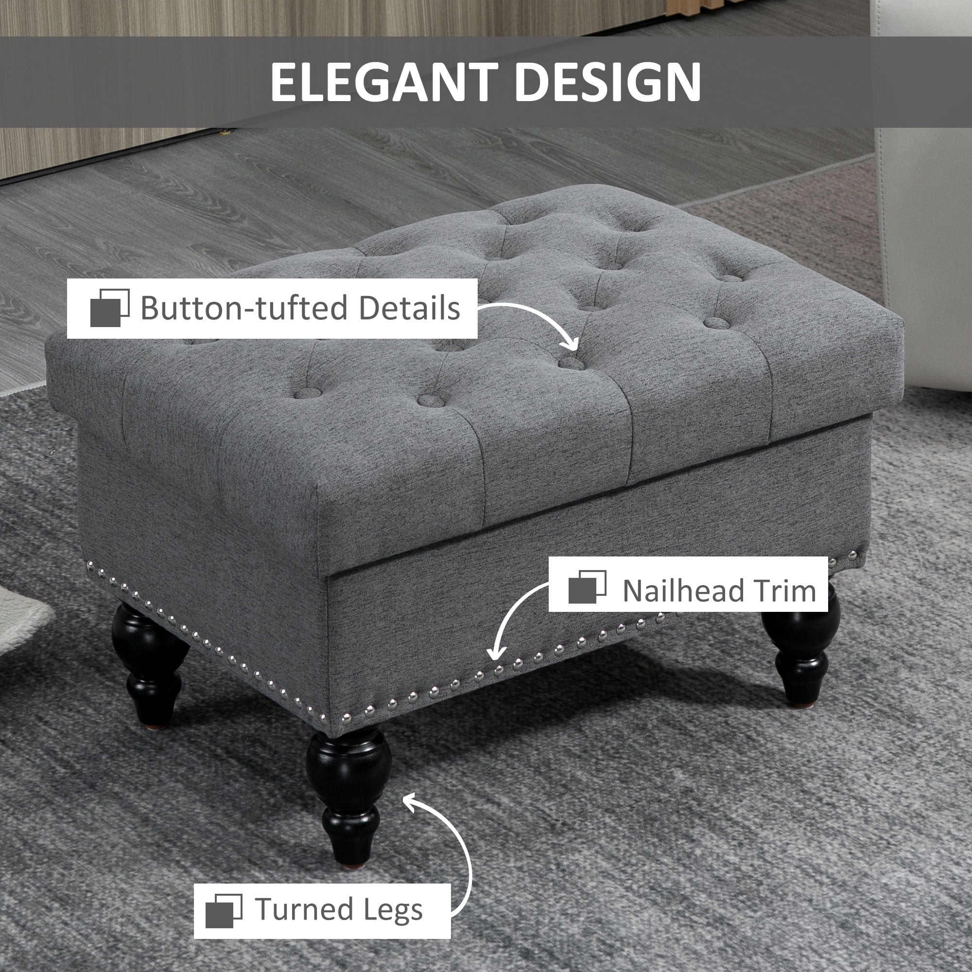 HOMCOM Ottoman with Storage for Living Room, 25" Storage Ottoman with Removable Lid, Button-Tufted Fabric Bench for Footrest and Seat with Wood Legs, Gray