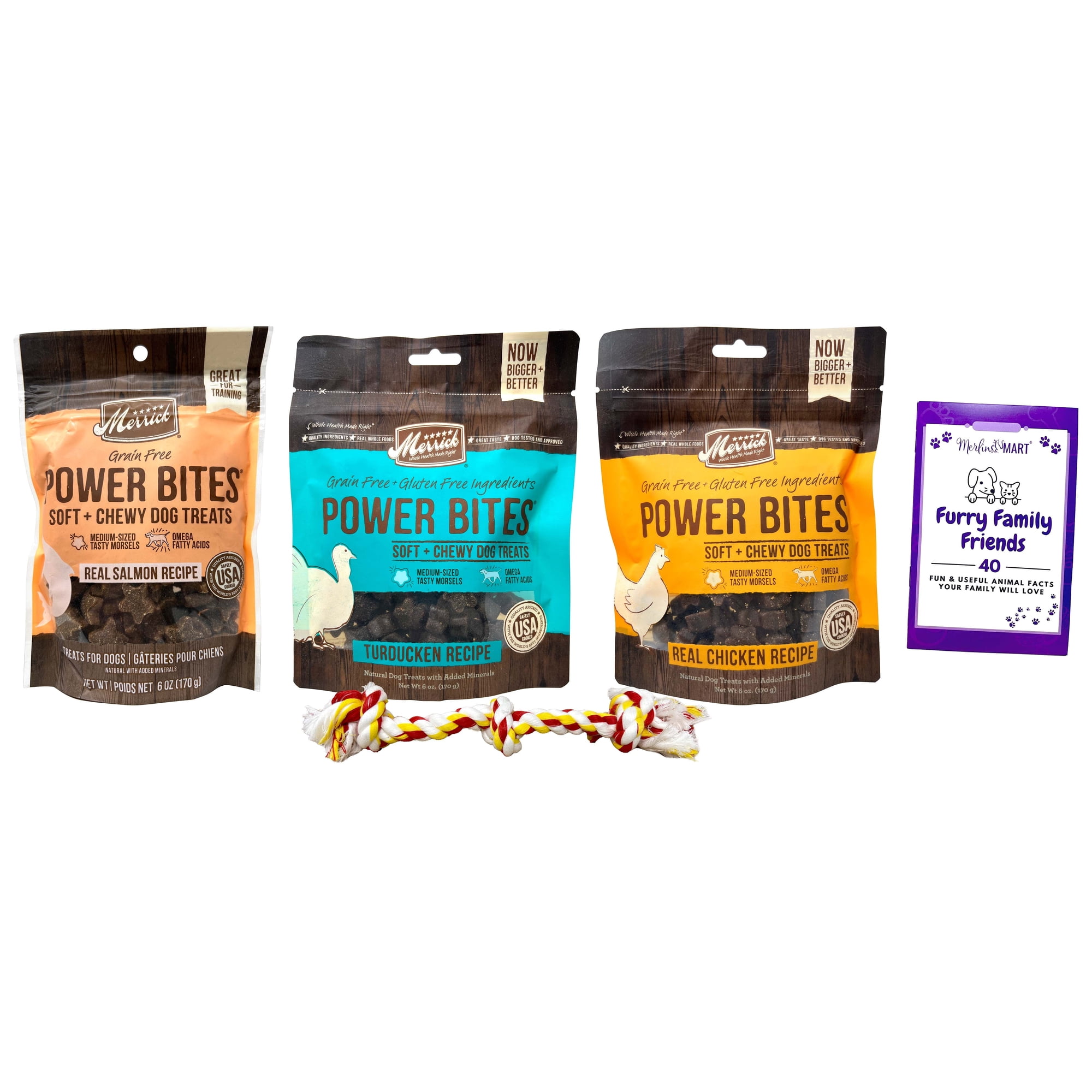 Merrick Power Bites Grain-Free Soft Chewy Dog Treats Variety 3-Pack with Rope Toy, MerlinsMart Zine