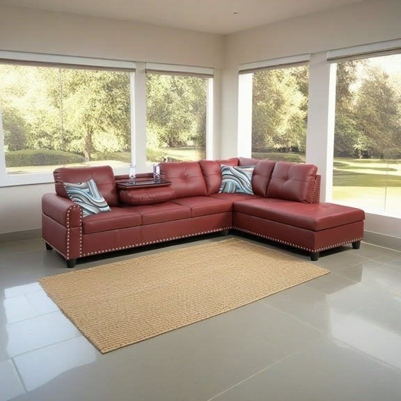 Hommoo 4-Seat Faux Leather Sectional Sofa Sets, L Shaped Flippable Backrest Sectional Couches and Sofas, Modern Living Room Furniture Sets, 15' Back Height, Red(No Ottoman)