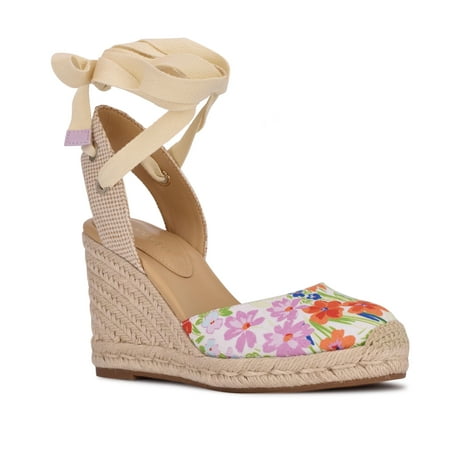 

Nine West Multi Floral Tie Up Ankle Wrap Rounded Espadrille Wedge Sandal (White Multi 9.5)