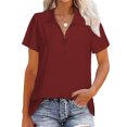 thumbnail image 2 of Blusa de verano de manga corta con cremallera de un cuarto para mujer, camisa holgada de color rojo vino con cuello vuelto, talla L, 2 of 4