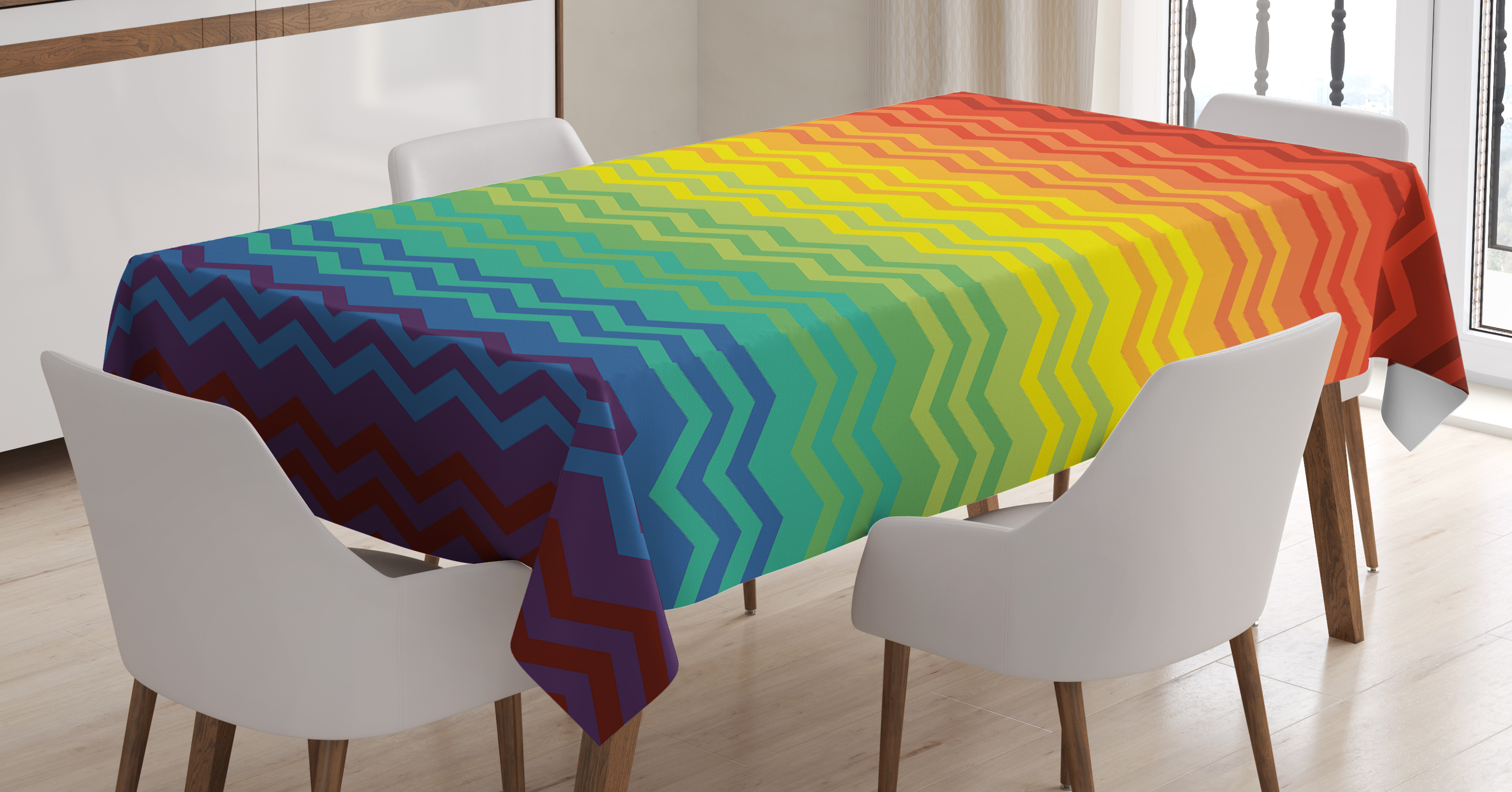 Fiesta Tablecloth, Mexican Inspired Colorful Chevron Zigzags Three