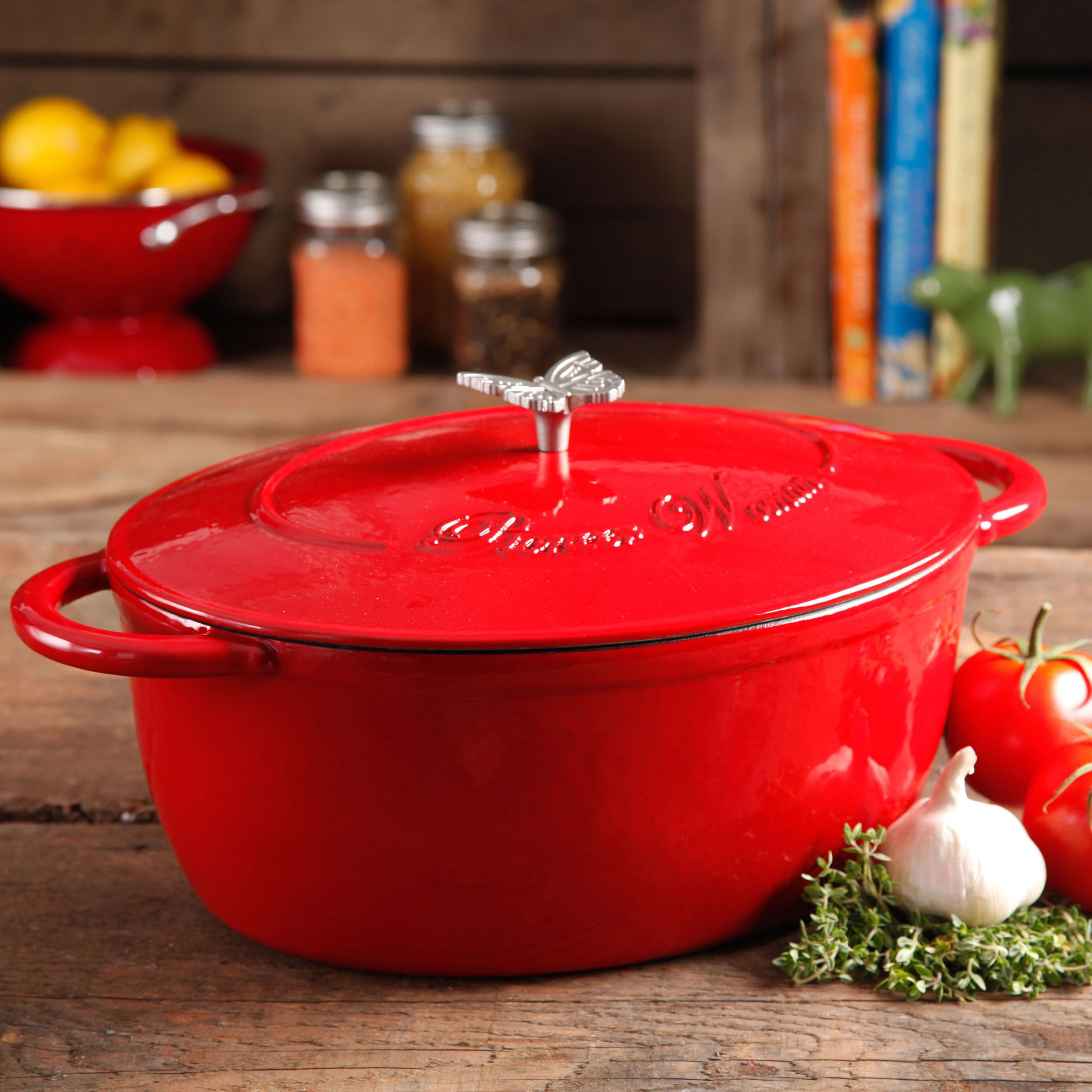 Red The Pioneer Woman Timeless Beauty 5-Quart Cast Iron Dutch Oven with Stainless Steel Butterfly Knob 