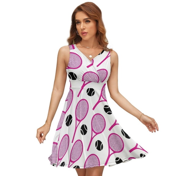 Vivid Pink Tennis Rackets Pattern Dress Fashion Beach Long Dresses Female Party Printed Sundress