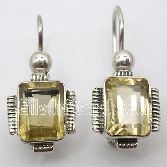 SilverStarJewel 925 Sterling Silver Square Citrine Stone Handcrafted Dangle Earrings 1.1"