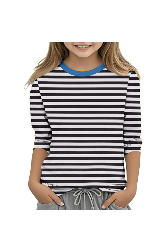 Kids 3/4 Sleeve Blouse Striped Shirts Casual Basic Crewneck Tshirts Girls Tunic Tops for 3-12 Years