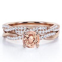 JeenMata Twisted Pave - 1.75 Carat Round Shaped Pink created morganite and Moissanite - Four Prong Wedding Set - 18K Rose Gold Plating over Silver