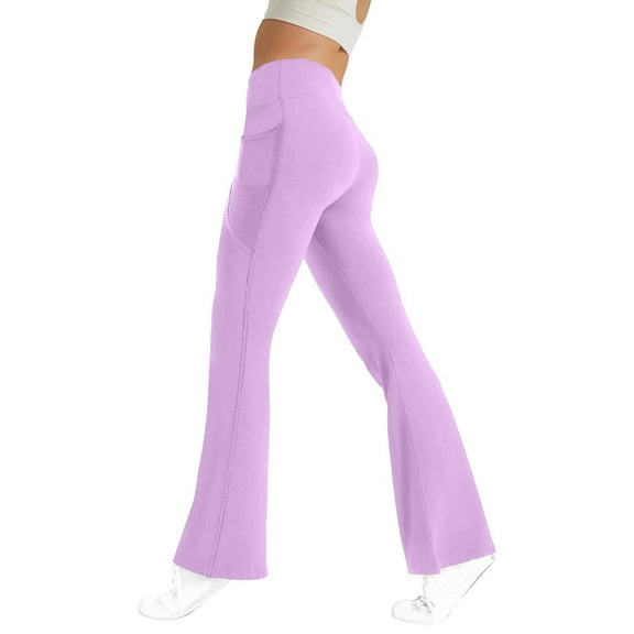 CQONEPT Women's Yoga Pants with Pockets Butt Lifting Casual Tummy Control Pants Bell Bottom Athletic Stretchy Leggings Purple M