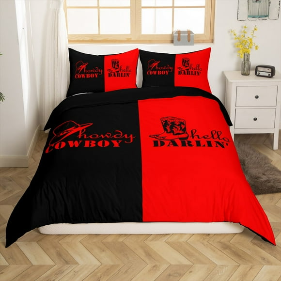 Erosebridal Western Cowboy Duvet Cover King,Red Black Comforter Cover King,Teen Bedroom Decor,Reversible,Lightweight,3-Piece(No Comforter)