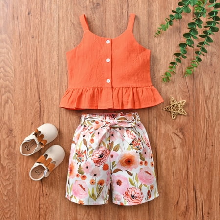 

Tejiojio Girls and Toddlers Soft Cotton Clearance Toddler Baby Kids Girls Botton Solid Slip Top+Floral Printed Shorts Outfits