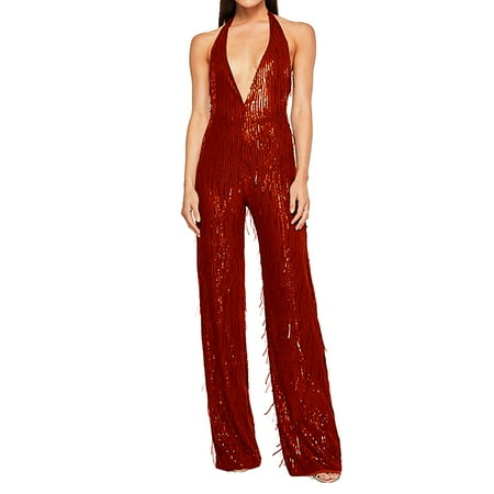 BKQCNKM Jumpsuits For Women Women S Deep V Open Back Spicy Girl Bodysuit Sleeveless Tassel Hanging Neck Sequin Bodysuit Rompers For Women Women S Pants Red XXL