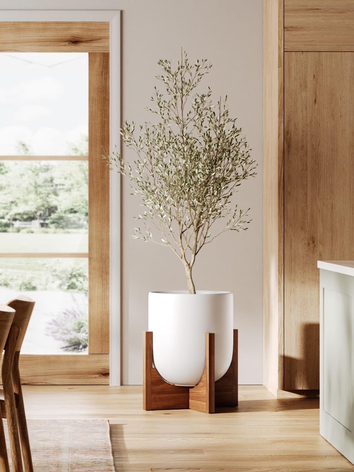 BEMAY 12" White Ceramic Planter with Wood Stand, Large Indoor Plant Pot and Flower Pot for Tall Plants and Houseplants, Mid Century Modern Decor