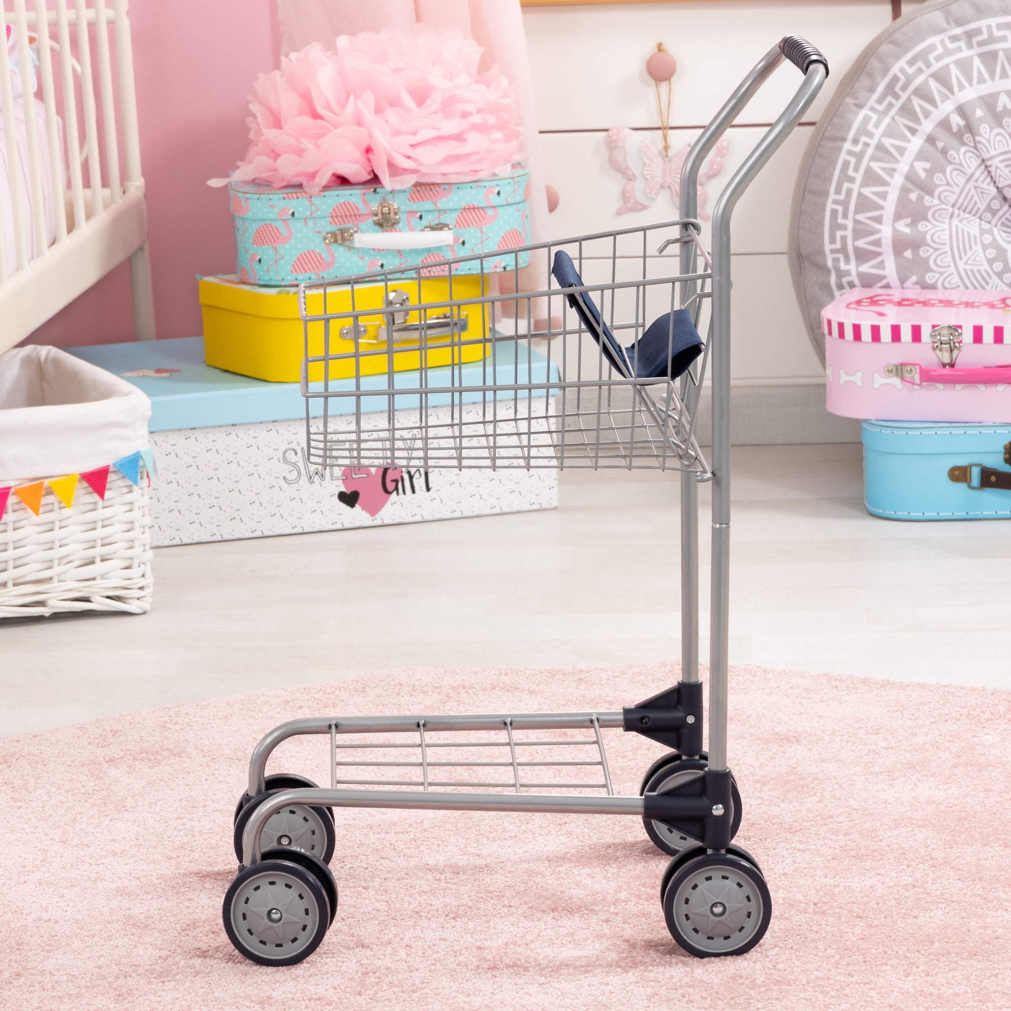 Bayer Design: Shopping Cart - Grey & Blue - Grocery Pretend Play Toy, Spacious Basket Holds Toys & Dolls, Lightweight, Dual Wheels, Toddler-Kids 18mo+