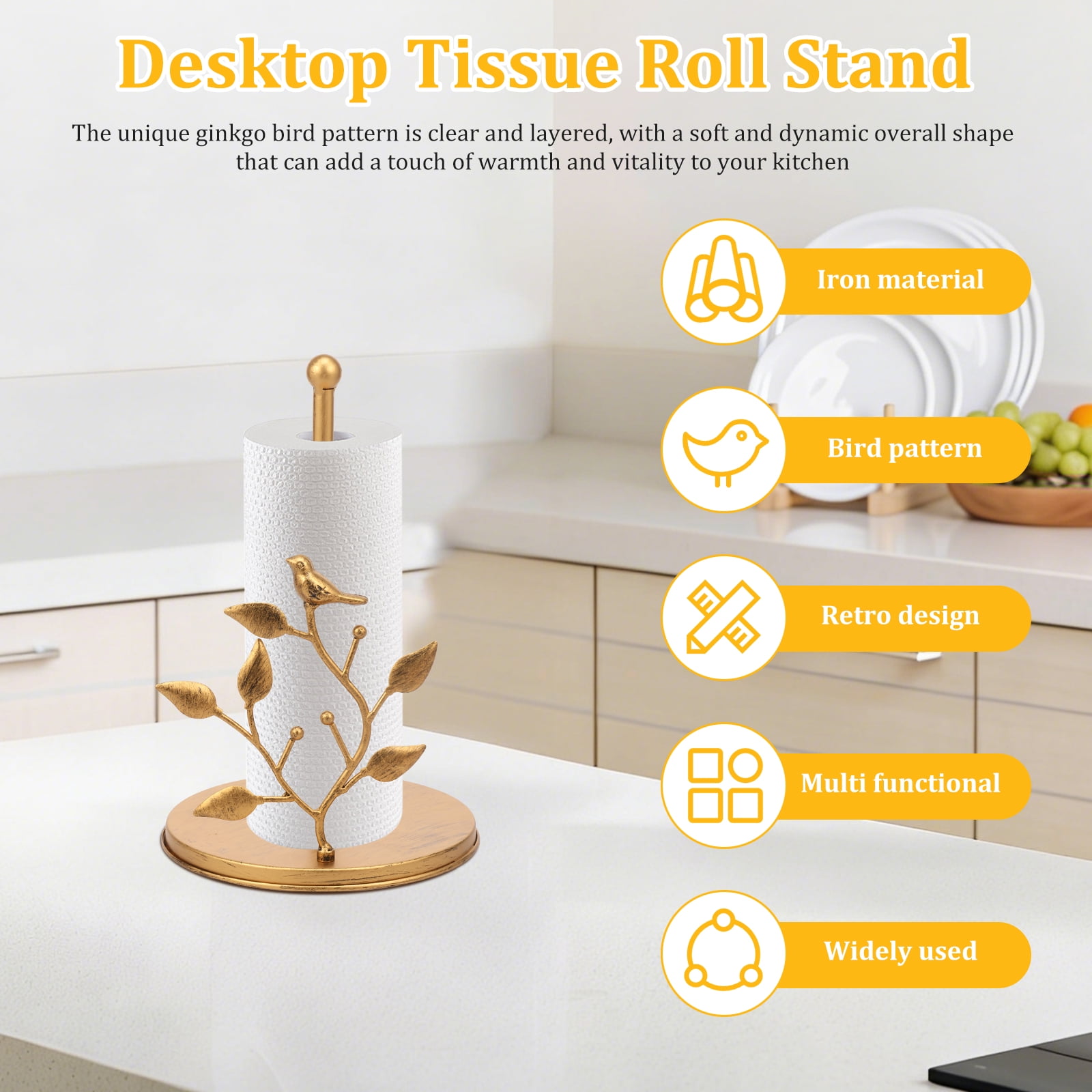 Tzdxfgl Free-Standing Metal Countertop Paper Towel Holder with Non-Slip Base, 11 Inch, Gold Bird