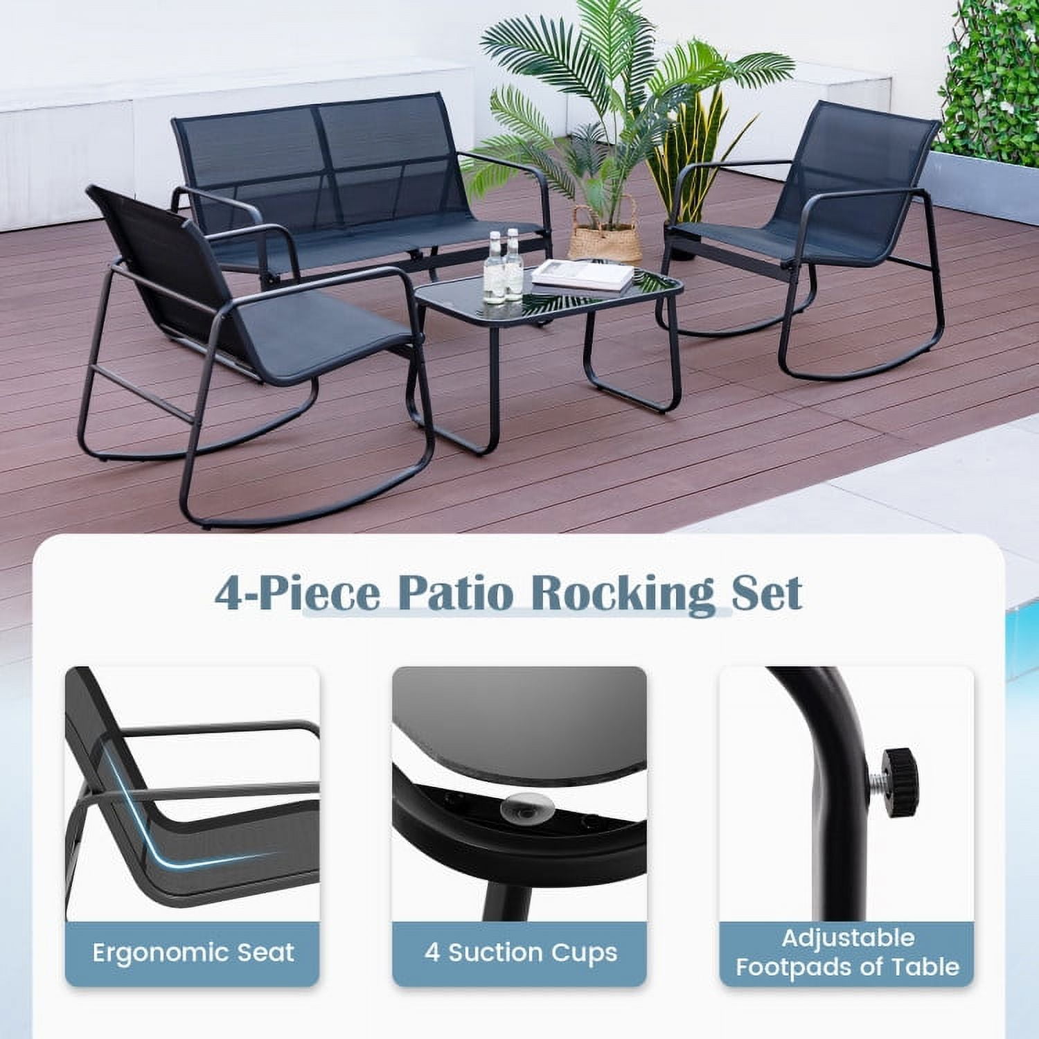 Aimee Lii 4 Pieces Patio Furniture Set with Rocking Bistro Chairs and Glass Top Table for Porch Yard Balcony, Black Aimee Lii 4 Pieces Patio Furniture Set with Rocking Bistro Chairs and Glass Top Table for Porch Yard Balcony, Black