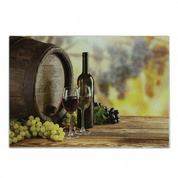 Wine Cutting Board, Red and White Wine Bottle Glass on Wooden Keg Quality Taste Traditional, Decorative Tempered Glass Cutting and Serving Board, Small Size, Brown Pale Green Yellow, by Ambesonne