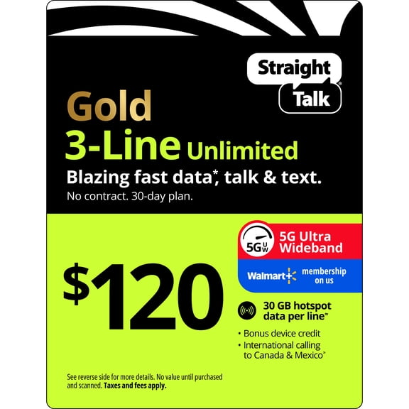 Straight Talk $120 Gold 3-Line Unlimited 30-Day Prepaid Plan, 30 GB Hotspot Data, 100GB Cloud Storage & Int'l Calling e-PIN Top Up (Email Delivery)